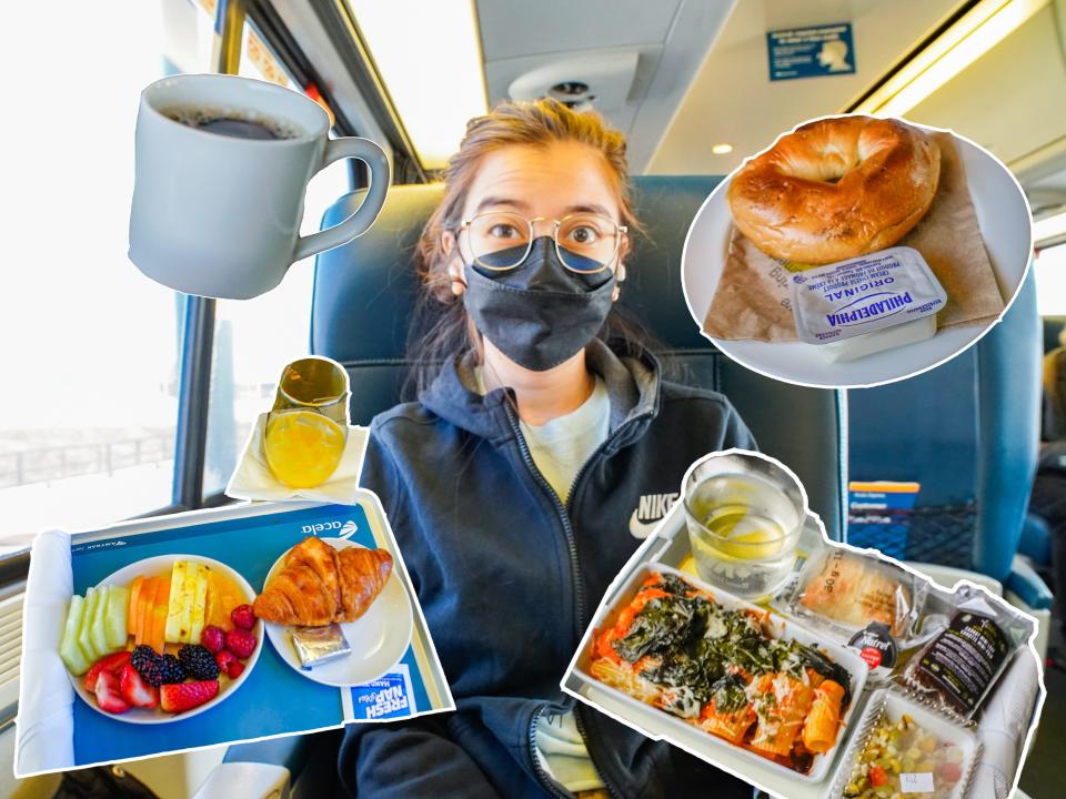 The author in a first-class seat with meals all around her on a train