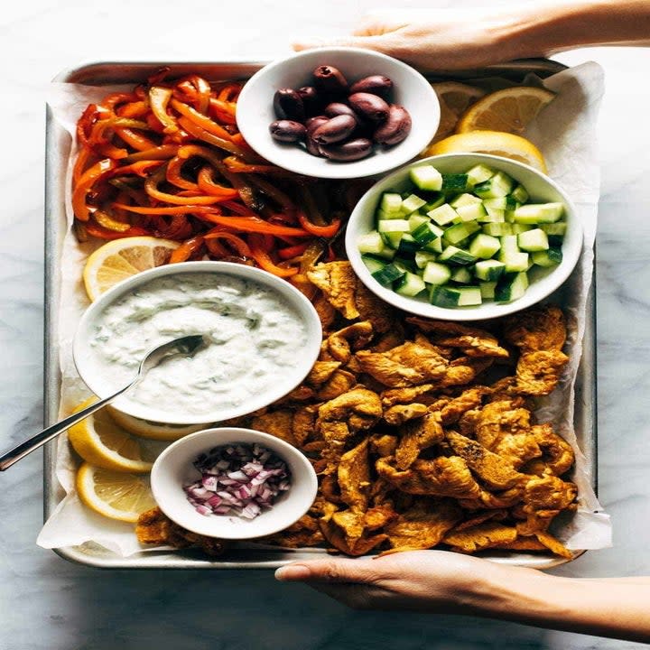 Sheet pan chicken with vegetables and tzatziki