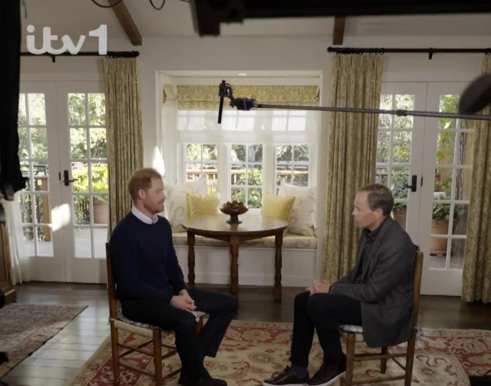 Prince Harry being interviewed by Tom Bradby at his home in Montecito, California.