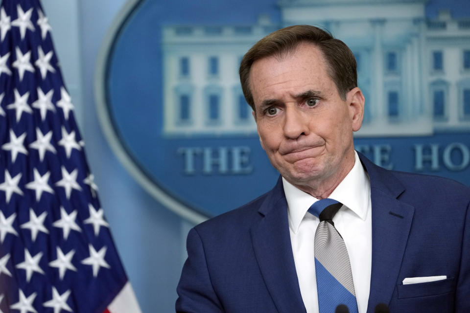 National Security Council spokesman John Kirby pauses as he is asked a question during the daily briefing at the White House in Washington, Wednesday, Oct. 11, 2023. (AP Photo/Susan Walsh)