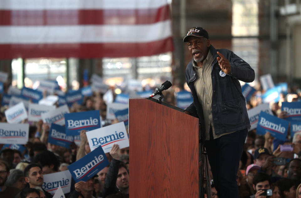 Danny Glover speaks before the start of a campaign event with Democratic presidential candidate Sen. Bernie Sanders on February 17, 2020. (Photo by Justin Sullivan/Getty Images)