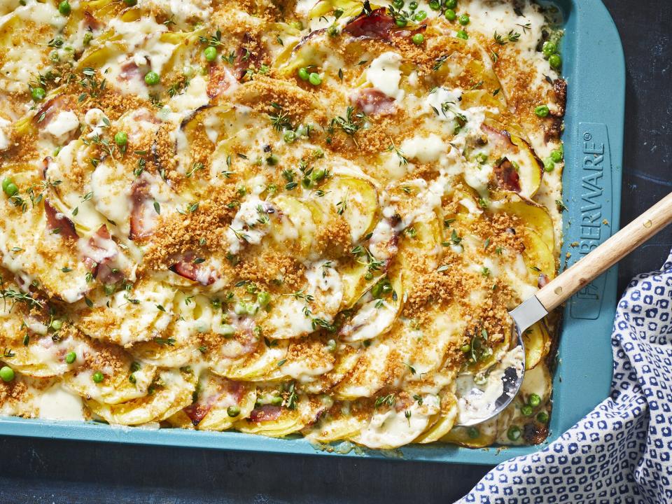 Sheet Pan Scalloped Potatoes with Ham and Peas