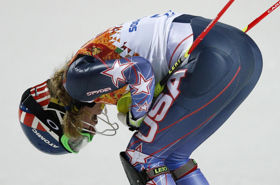 United States' Mikaela Shiffrin celebrates winning the gold medal in the women's slalom at the Sochi 2014 Winter Olympics, Friday, Feb. 21, 2014, in Krasnaya Polyana, Russia. (AP Photo/Christophe Ena)