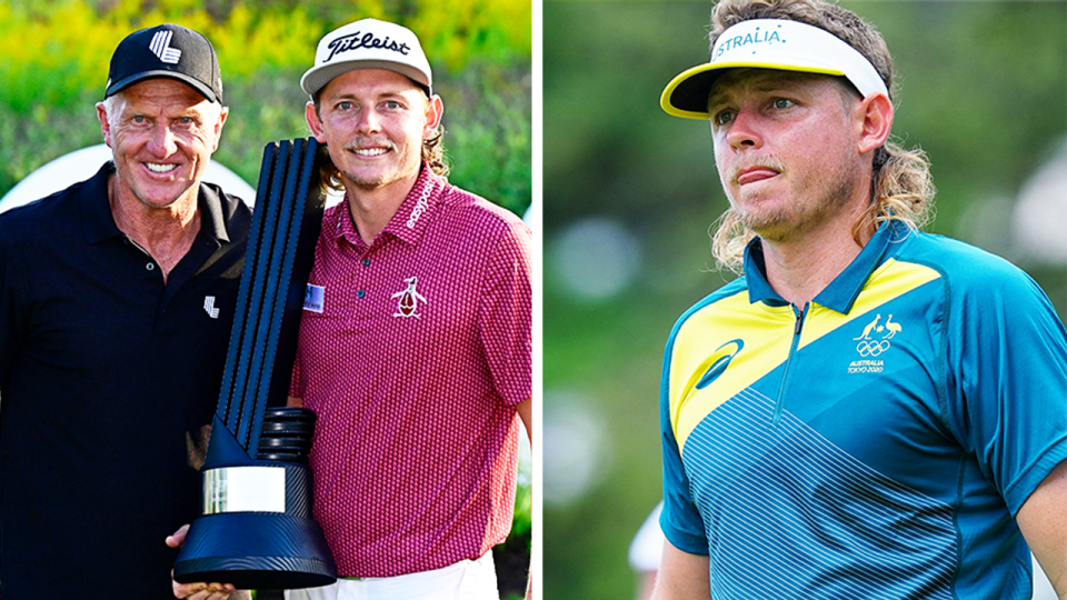 Cameron Smith (pictured left) poses with Greg Norman and (pictured right) Smith playing at the Olympics.