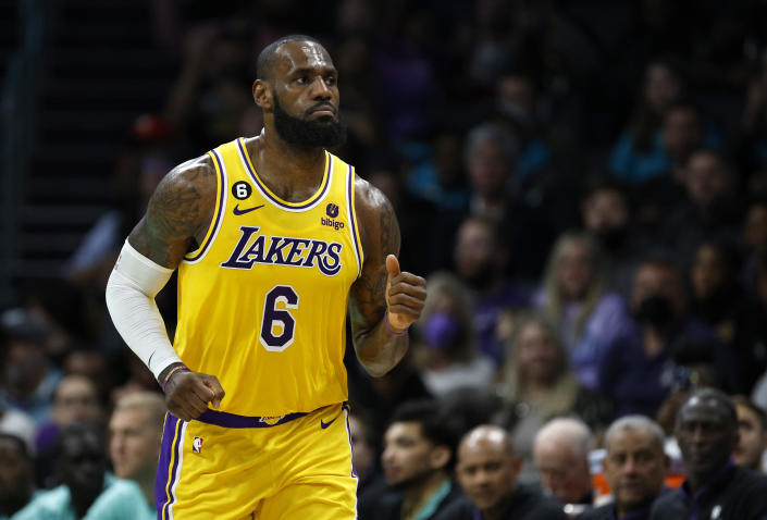 CHARLOTTE, NC - JANUARY 2: LeBron James #6 of the Los Angeles Lakers reacts during the second quarter of a game against the Charlotte Hornets at the Spectrum Center on January 2, 2023 in Charlotte, NC. Note to Users: By downloading or using this photo, you expressly acknowledge and agree to be bound by the terms of the Getty Images License Agreement.  (Photo by Jared C. Tilton/Getty Images)