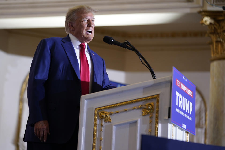 Former President Donald Trump speaks at his Mar-a-Lago estate Tuesday, April 4, 2023, in Palm Beach, Fla., after being arraigned earlier in the day in New York City. (AP Photo/Evan Vucci)