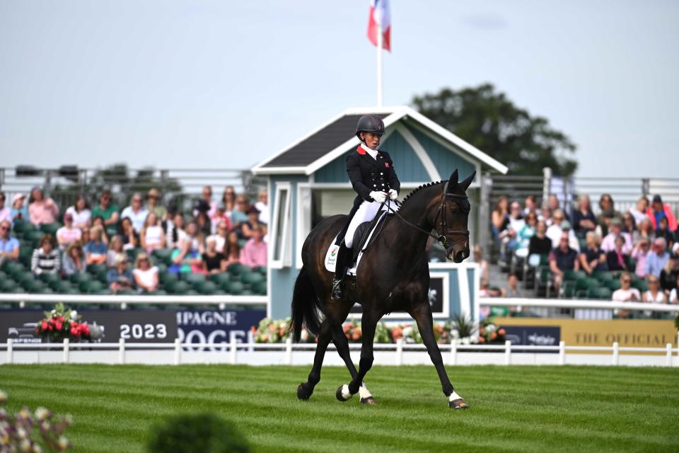 Ros Canter riding Pencos Crown Jewel for GBR in the dressage phase at the Defender Burghley Horse Trials