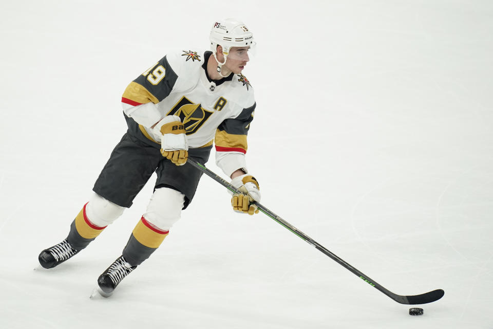 Vegas Golden Knights' Reilly Smith moves the puck in the third period of an NHL hockey game against the Washington Capitals, Tuesday, Nov. 1, 2022, in Washington. (AP Photo/Patrick Semansky)