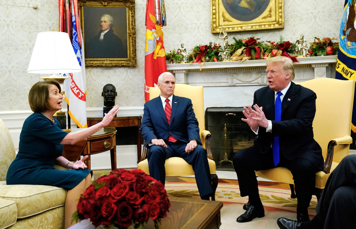 <span class="s1">The scene as House Minority Leader Nancy Pelosi, Vice President Mike Pence, President Trump and Senate Minority Leader Chuck Schumer met in the Oval Office on Tuesday. (Photo: Kevin Lamarque/Reuters)</span>