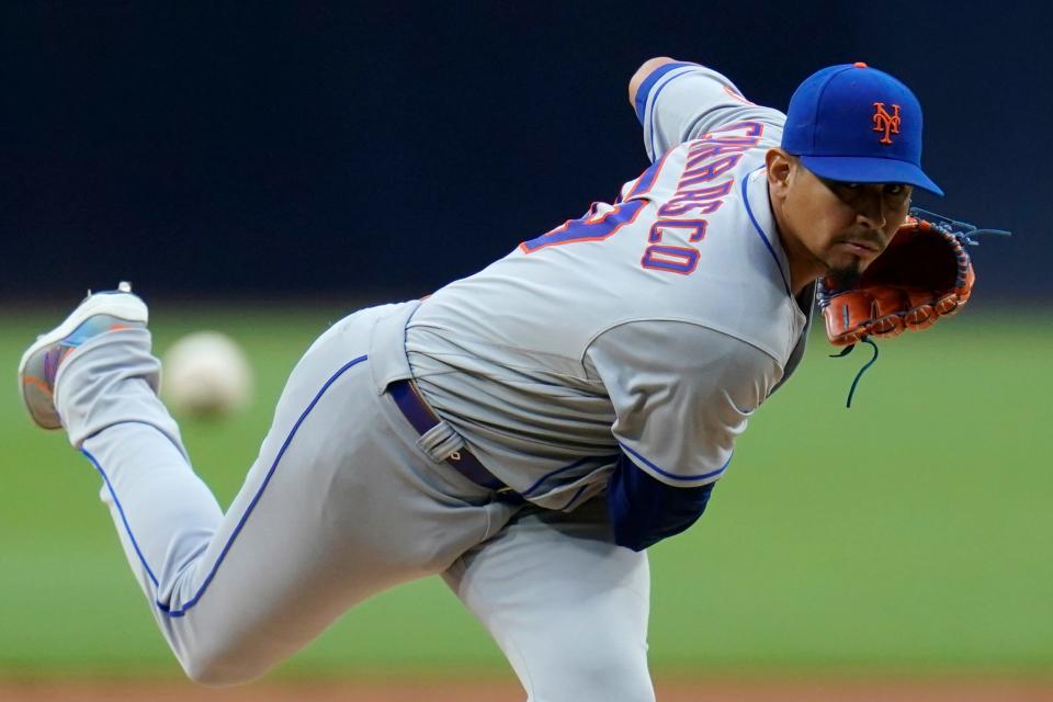 New York Mets starting pitcher Carlos Carrasco works against a San Diego Padres batter during the first inning of a baseball game Monday, June 6, 2022, in San Diego.