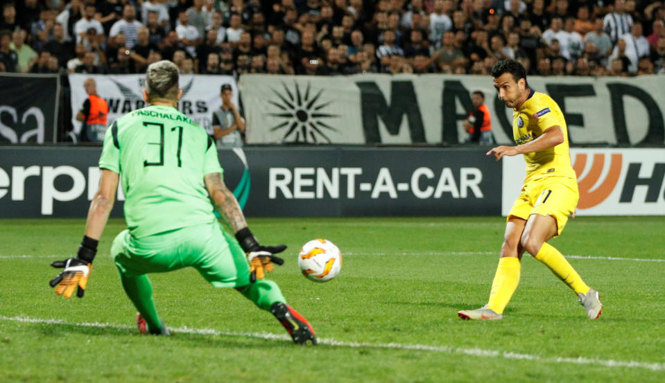 Pedro is denied by Alexandros Paschalakis in a first-half that Chelsea dominated (Pic: Reuters/John Sibley)