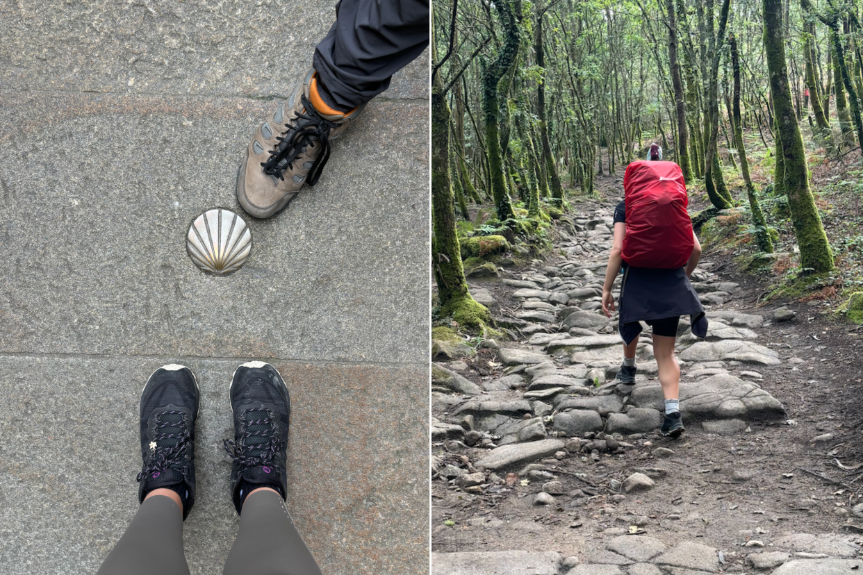 hiking boots and camino de santiago symbol, split screen of two hiking shoes and camino de santiago shell and woman hiking up a hill, I hiked for 500km wearing Merrell's Moab Speed Mid Waterproof Hiking Shoes (Photos via Kayla Kuefler).