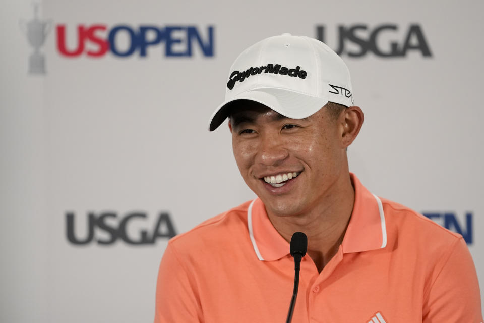 Collin Morikawa speaks during a news conference before the U.S. Open Championship golf tournament at The Los Angeles Country Club on Tuesday, June 13, 2023, in Los Angeles. (AP Photo/Chris Carlson)