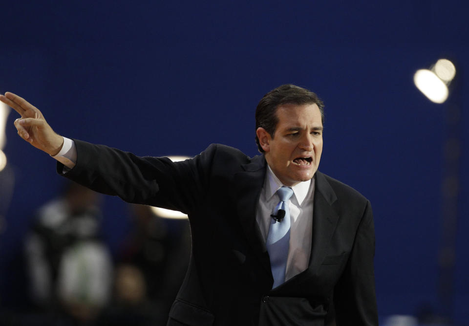 Ted Cruz, a Republican candidate for U.S. Senate, addresses the Republican National Convention in Tampa, Fla., on Tuesday, Aug. 28, 2012. (AP Photo/Charlie Neibergall)