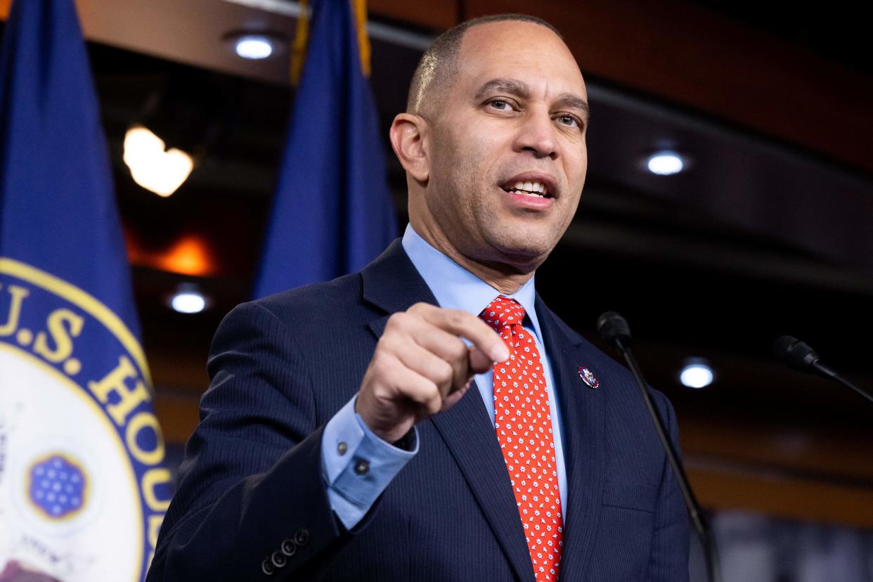 House Minority Leader Hakeem Jeffries speaks at his weekly press conference on Capitol Hill.