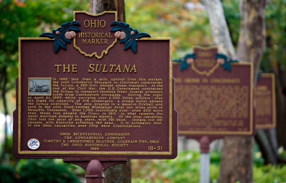 The historical marker for the SS Sultana steamboat is along the Riverwalk in Bicentennial Commons.