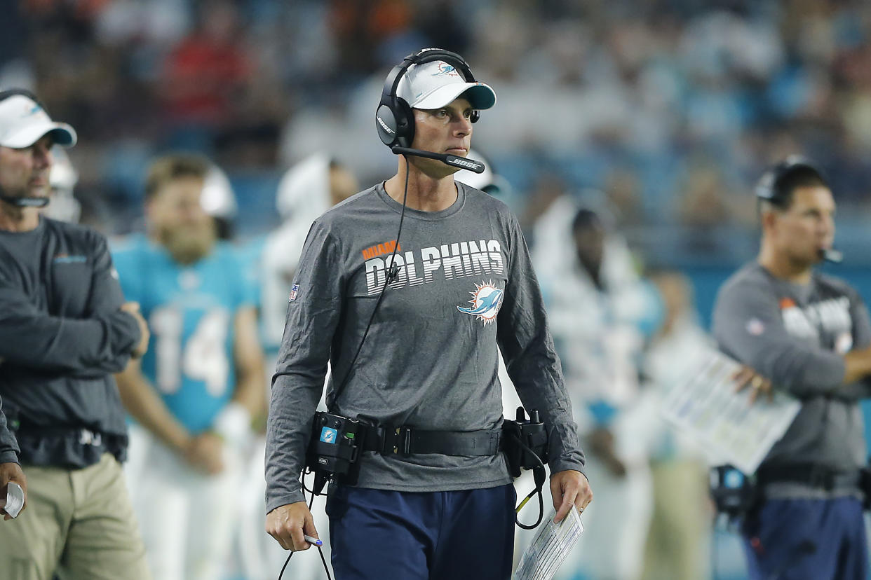 MIAMI, FLORIDA - AUGUST 08:  Offensive coordinator Chad O’Shea of the Miami Dolphins looks on against the Atlanta Falcons during the first quarter of the preseason game at Hard Rock Stadium on August 08, 2019 in Miami, Florida. (Photo by Michael Reaves/Getty Images)