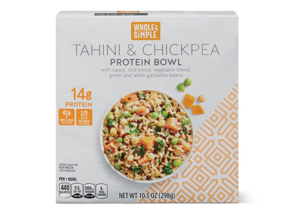 Whole & Simple tahini and chickpea protein bowl in a white box with an image of bowl on front