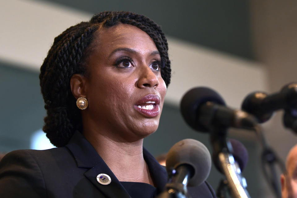 Rep.-elect Ayanna Pressley, D-Mass., listens during a news conference with members of the Progressive Caucus in Washington, Monday, Nov. 12, 2018. (AP Photo/Susan Walsh)