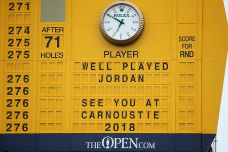 General view of the scoreboard after USA's Jordan Spieth wins The Open Championship REUTERS/Paul Childs