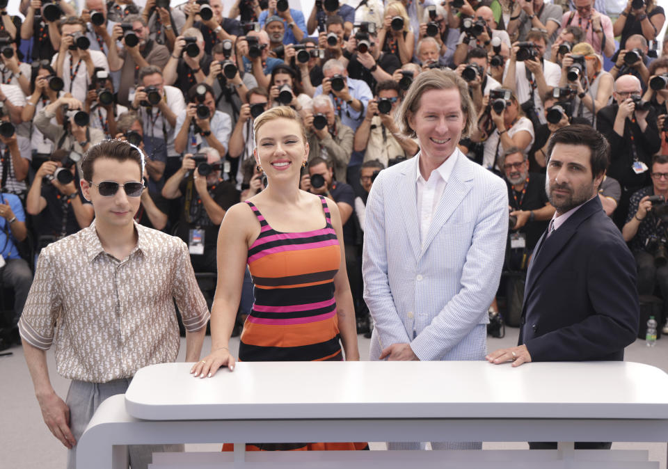 Jake Ryan, from left, Scarlett Johansson, director Wes Anderson and Jason Schwartzman pose for photographers at the photo call for the film 'Asteroid City' at the 76th international film festival, Cannes, southern France, Wednesday, May 24, 2023. (Photo by Vianney Le Caer/Invision/AP)