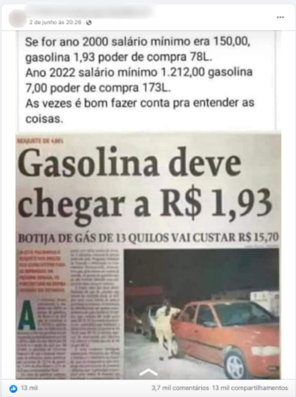 Captura de tela de publicação no Facebook comparando o salário mínimo e valor da gasolina nos anos 2000 e 2022  (Foto: Reprodução / Facebook)