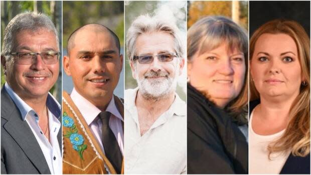 From left to right, Michael McLeod of the Liberal party, Kelvin Kotchilea of the NDP, Roland Laufer of the Green party, Jane Groenwegen as an independent and Lea Mollison of the Conservative party are vying to be the next MP for the Northwest Territories.  (Michael McLeod/Facebook, Submitted by Kelvin Kotchilea, Roland Laufer/Facebook, Submitted by Jane Groenewegen, Submitted by Matthew Lakusta - image credit)