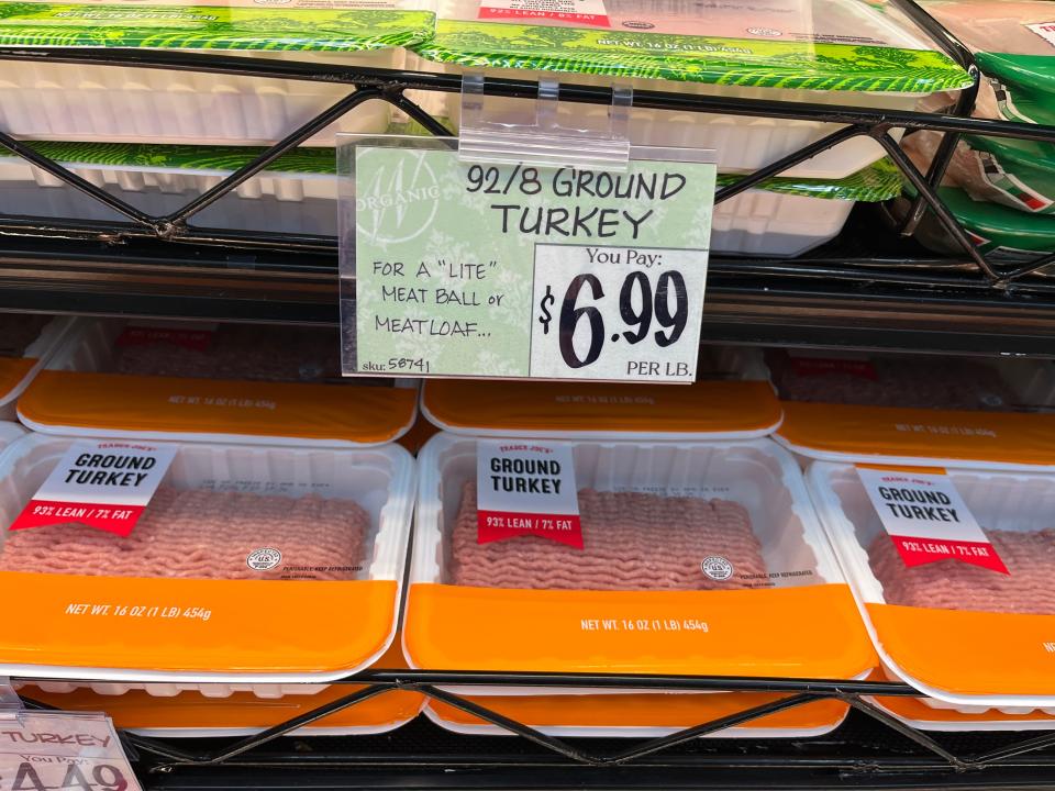 Ground turkey on display under $6.99 sign at Trader Joe's