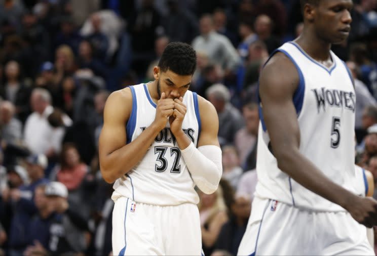 Karl-Anthony Towns reacts to another disappointing Timberwolves loss. (Associated Press)