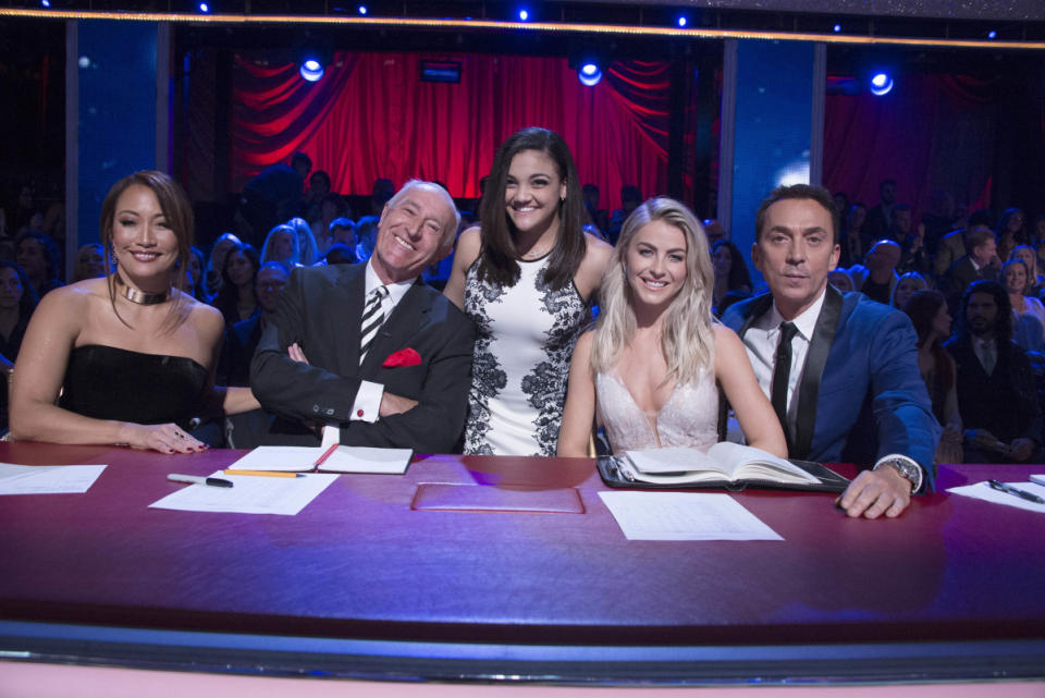 Carrie Ann Inaba, Len Goodman, season 23 winner Laurie Hernandez, Julianne Hough and Bruno Tonioli<p>ABC/Eric McCandless</p>