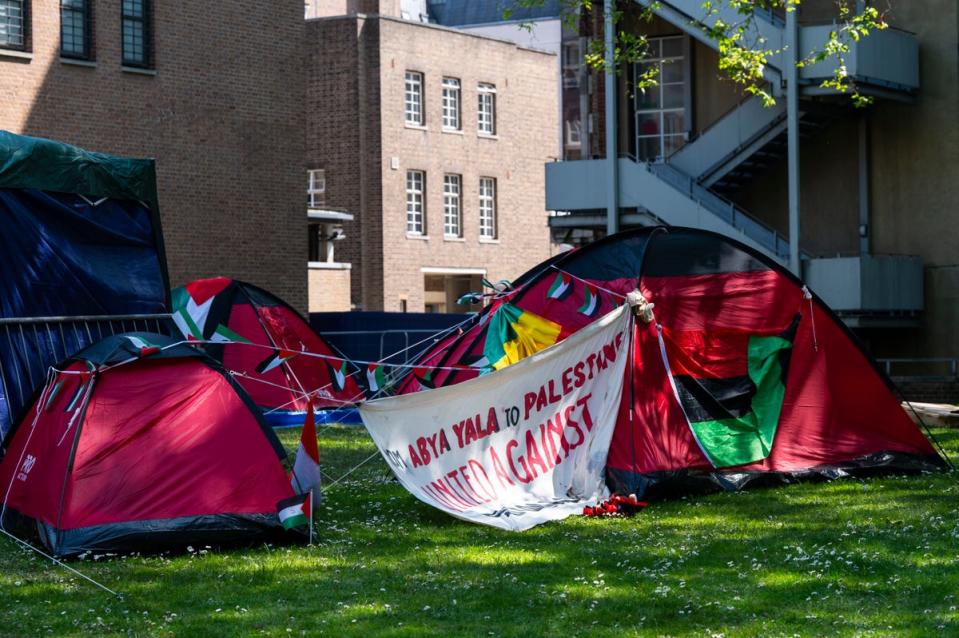 A student-led group of SOAS University of London students standing in solidarity with Palestinians have formed encampments on campus. (Lucy Young)