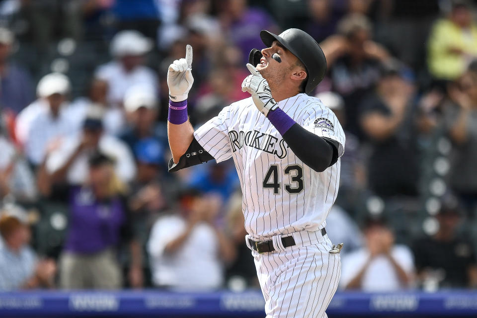 DENVER, CO - SEPTEMBER 18: Colorado Rockies right fielder Sam Hilliard (43) celebrates after hitting a fourth inning solo home run against the New York Mets during a game on September 18, 2019 at Coors Field in Denver, Colorado.  (Photo by Dustin Bradford/Icon Sportswire via Getty Images)