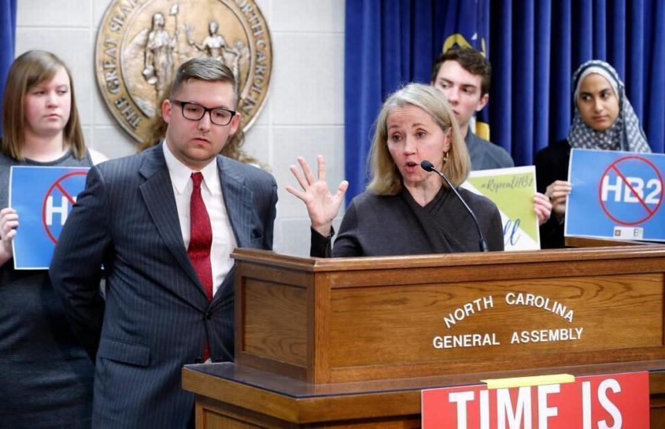 Matt Hirschy with Equality NC, left, and N.C. Sen. Terry Van Duyn speak against HB2 during a press conference at the N.C. General Assembly in Raleigh, NC on Feb. 28, 2017.