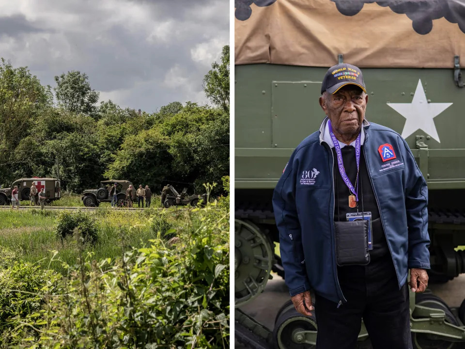 A side by side of a field with trucks and Calvin Shiner (Rafael Yaghobzadeh for NBC News)