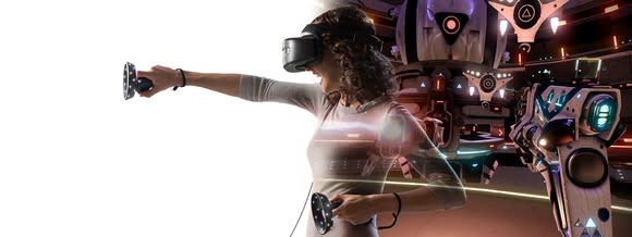 A woman uses a Windows Mixed Reality headset.