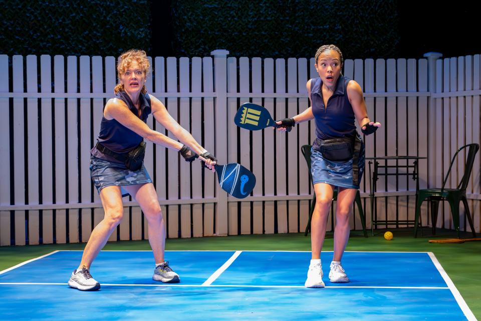 Kathy McCafferty and Tatiana Chavez, in the premiere of Kevin Rice's "The Pickleball Wars," provoke their neighbor with pickleball noise as he tries o write a book.