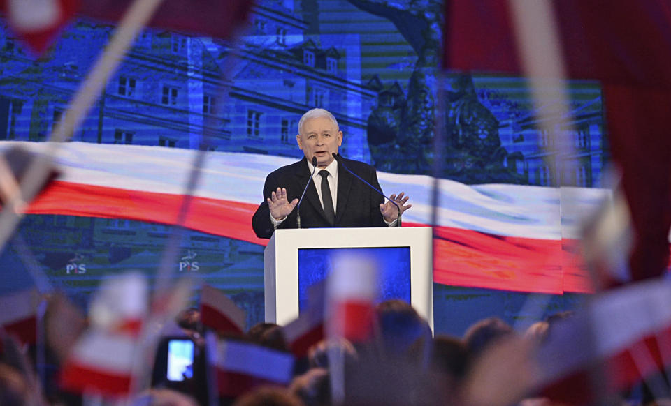 Jaroslaw Kaczynski, leader of the ruling Law and Justice party (PiS) speaks during his party's electoral convention ahead of the Oct.21 local elections, in Warsaw, Poland, Sunday, Sept. 2, 2018. The leader of Poland's conservative political party, whose policies have led to clashes with European Union leaders, says he wants the country to be like western EU nations "in every respect" over the next two decades. (AP Photo/Alik Keplicz)