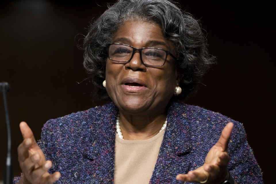 United States Ambassador to the United Nations nominee Linda Thomas-Greenfield testifies during for her confirmation hearing before the Senate Foreign Relations Committee on Capitol Hill, Wednesday, Jan. 27, 2021, in Washington. (Michael Reynolds/Pool via AP)