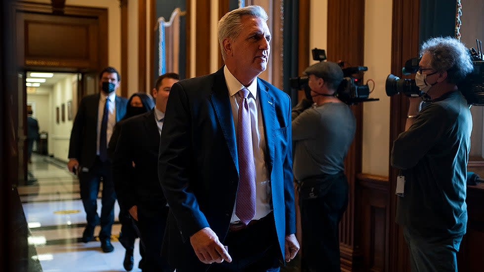 House Minority Leader Kevin McCarthy (R-Calif.) heads from his office to the House Chamber for a series of votes on Wednesday, December 1, 2021.