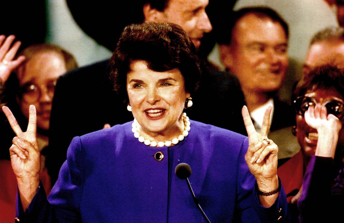 Senator-elect Dianne Feinstein acknowledges cheers from the jubilant crowd at the Fairmont Hotel in San Francisco on Tuesday, Nov. 4, 1992. “Ready or not, Washington, here we come,” she said, referring to her and Barbara Boxer’s dual Senate win.