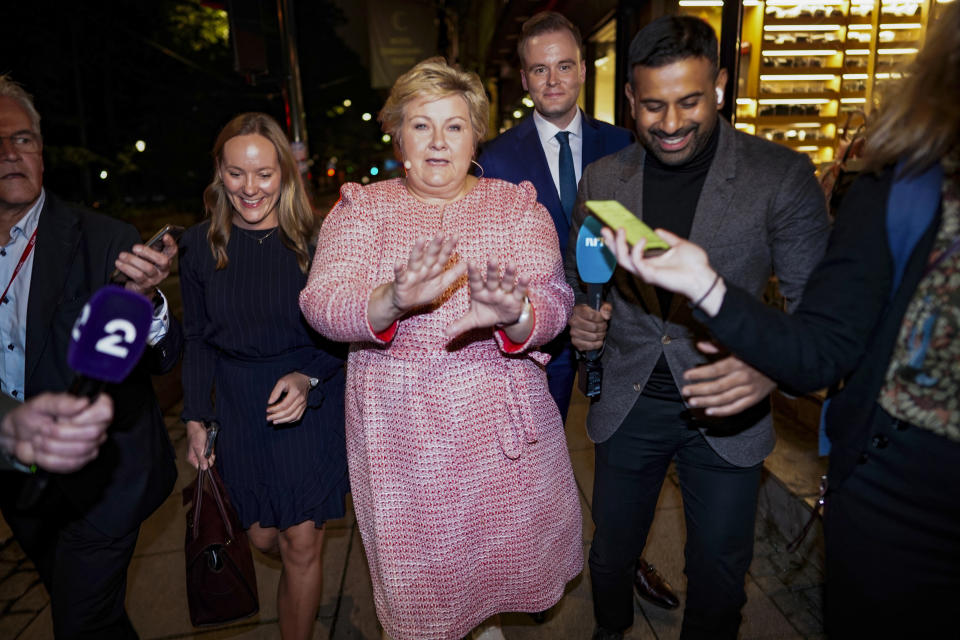 Former prime minister of Norway Erna Solberg makes her way to Høyre's election vigil at Høyres Hus during the municipal election 2023, in Oslo, Norway, Monday, Sept. 11, 2023. (Heiko Junge/NTB Scanpix via AP)