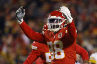 Kansas City Chiefs defensive end Tershawn Wharton (98) celebrates after sacking Pittsburgh Steelers quarterback Ben Roethlisberger during the first half of an NFL wild-card playoff football game, Sunday, Jan. 16, 2022, in Kansas City, Mo. (AP Photo/Colin E. Braley)