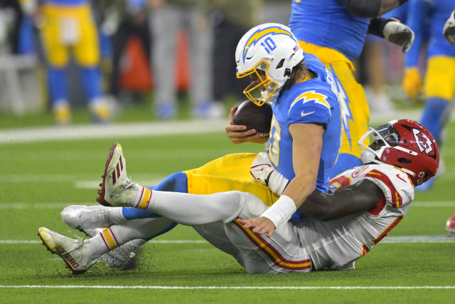 Kansas City Chiefs offensive lineman Creed Humphrey (52) in the huddle in  the first half of an NFL football game against the Los Angeles Chargers,  Thursday, December 16, 2021 in Inglewood, Calif.