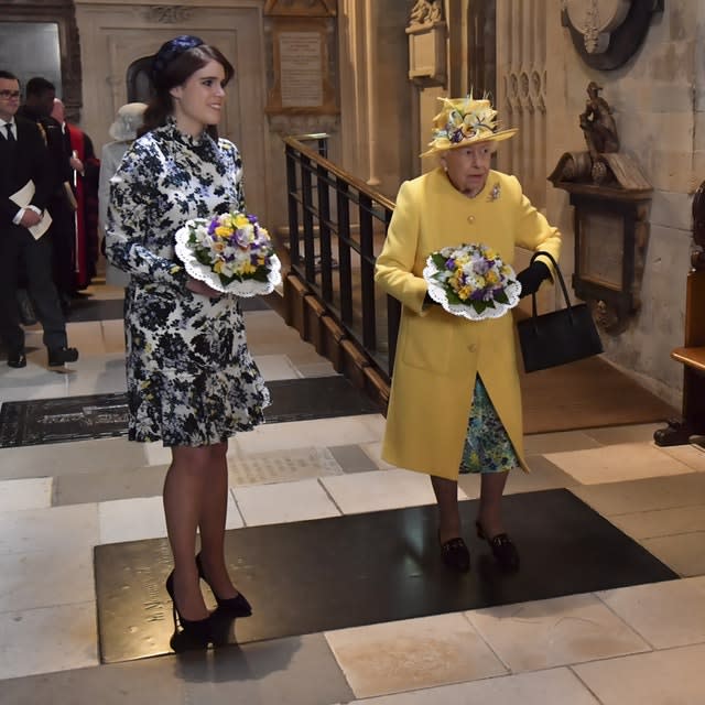 The Queen with Princess Eugenie leaving St George’s Chapel in Windsor after the annual Royal Maundy Service