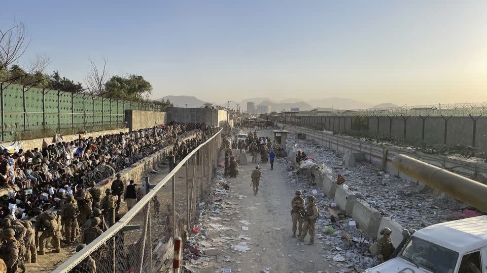 The bombing area at Kabul airport's Abbey Gate on August 26, 2021, prior to the explosion. - U.S. Central Command/AP