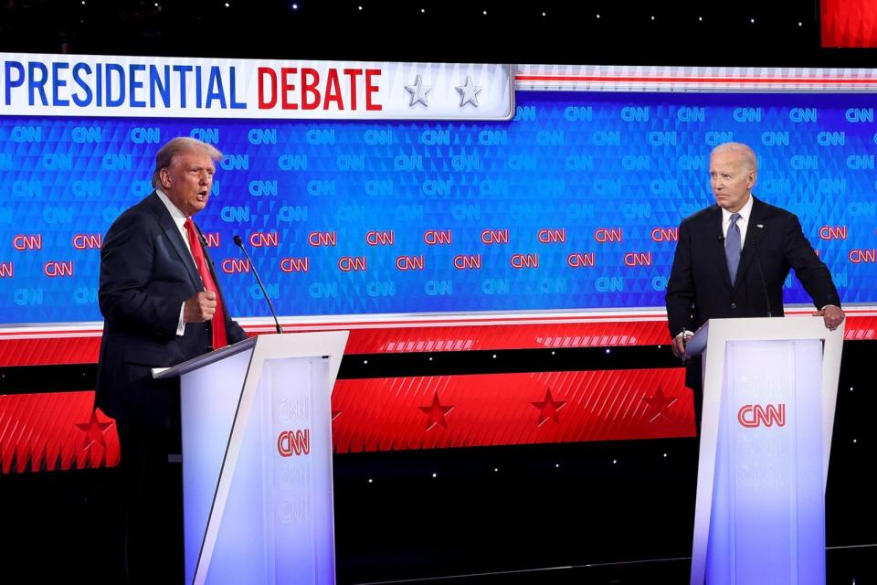 PHOTO: President Joe Biden (R) and Republican presidential candidate, former U.S. President Donald Trump participate in the Presidential Debate on June 27, 2024 in Atlanta. (Justin Sullivan/Getty Images, FILE)