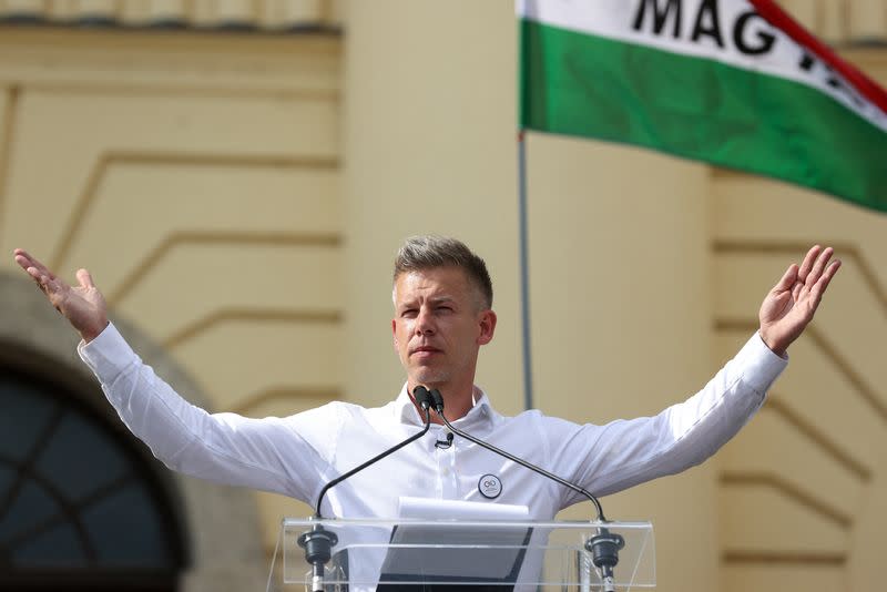 Hungarian opposition figure Peter Magyar holds an anti-government protest in Debrecen