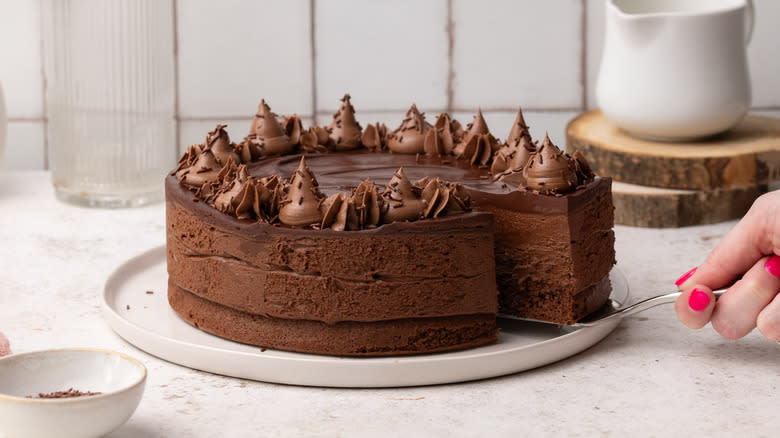 chocolate mousse cake being served