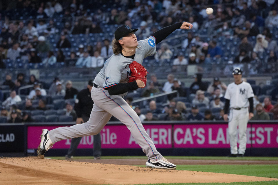 Miami Marlins pitcher Ryan Weathers throws to a New York Yankees batter during the first inning of a baseball game Wednesday, April 10, 2024, in New York. (AP Photo/Peter K. Afriyie)