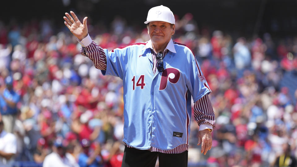 PHILADELPHIA, PA - AUGUST 07: Former MLB player Pete Rose #14 of the Philadelphia Phillies greets the crowd before the game against the Washington Nationals at Citizens Bank Park on August 7, 2022 in Philadelphia, Pennsylvania. The Phillies defeated the Nationals 13-1. (Photo by Mitchell Leff/Getty Images)